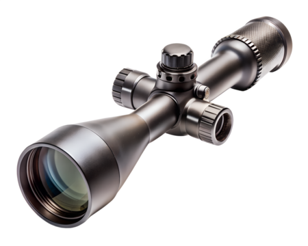 A detailed rifle scope with turrets and objective lens, isolated on transparent background