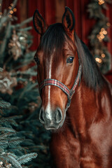 Fototapeta premium A chestnut horse with a long black mane against a fir tree. Horse portrait.