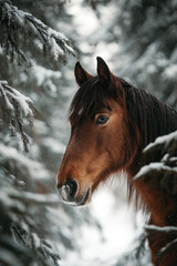 A horse in a snowy winter forest.