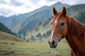 Obraz premium Portrait of a red horse in a field with mountains in the background.