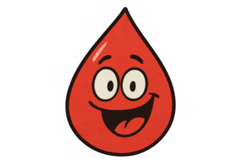 Blood drop cartoon character smiling, symbolizing blood donation, health, medicine, and wellness on transparent background
