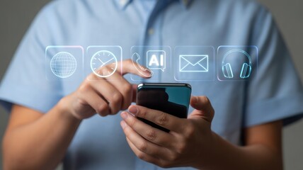 Man Using Smartphone with Futuristic Interface Displaying Technological Symbols