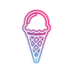 Neon-style illustration of an ice cream cone with a scoop, glowing in vibrant pink, purple, and blue gradient colors.