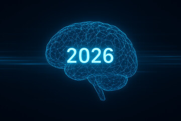 Tech concept with bright 2026 text inside a glowing wireframe human brain symbolizes artificial intelligence, digital mind, machine learning, future innovation, advanced thinking
