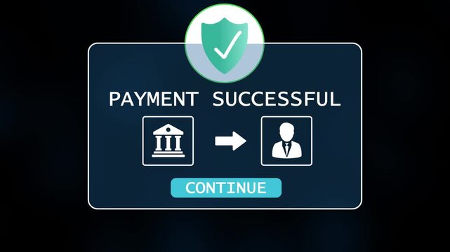 Secure payment successful transaction confirmation bank to user digital interface animation with checkmark shield and continue button