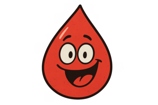 Blood drop cartoon character smiling, symbolizing blood donation, health, medicine, and wellness on transparent background