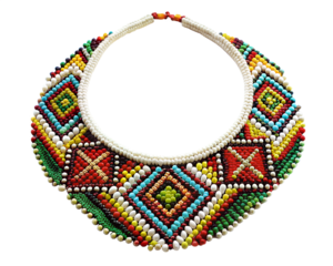 A striking, wide beaded necklace with a geometric diamond pattern in vibrant colors, isolated on a transparent background