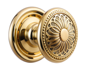 A closeup of a vintage brass doorknob with intricate floral detailing, isolated on a clean transparent background