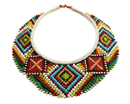 A striking, wide beaded necklace with a geometric diamond pattern in vibrant colors, isolated on a transparent background