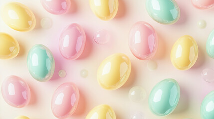 Colorful pastel Easter eggs and bubbles on a soft background