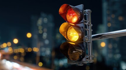 Bright traffic light signaling caution at night on a busy urban street