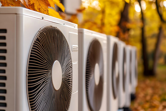 A row of air conditioning units with a backdrop of autumn foliage, creating a blend of the mechanical with the beauty of nature. The contrast is striking. #airconditioning #autumn