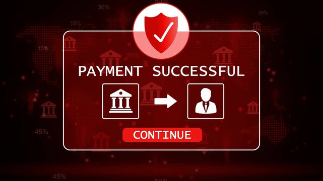 Secure payment success confirmation with bank transfer to individual icon and continue button on digital world map background with financial growth arrows and percentages