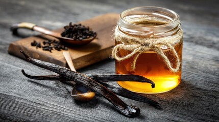 Sweet vanilla extract and dark spices arranged on a rustic wooden table with natural lighting