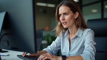 Young woman focused on computer while working in modern office  