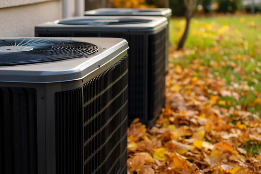 Row of outdoor cooling units, essential for maintaining indoor comfort, set against a backdrop of autumn foliage. Efficient climate control meets the beauty of the changing seasons.