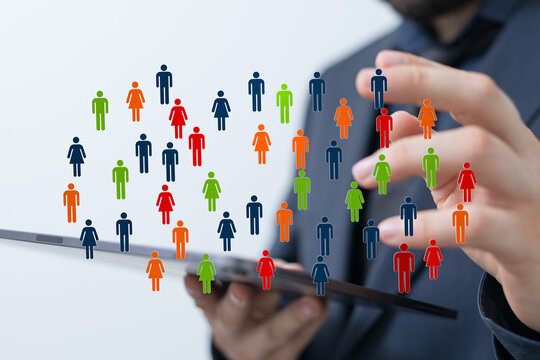 Concept image showing diverse group of people represented by icons. Digital community, networking, business, teamwork and social concepts.