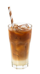 Refreshing iced coffee caramel macchiato in a glass isolated on a white background.