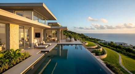 Obraz premium Luxury Villa Infinity Pool Ocean View Modern Architecture Tropical Landscape Outdoor Living Contemporary Residence