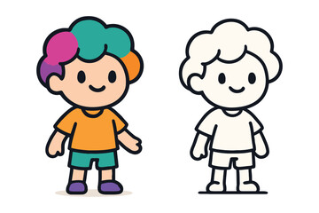 Cute cartoon child character waving hello in color and outline