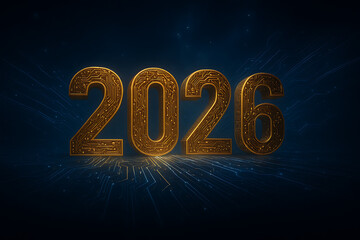 Large three-dimensional golden number 2026 with an intricate circuit board pattern, symbolizing the future of technology, innovation, and electronic advancement in the upcoming year