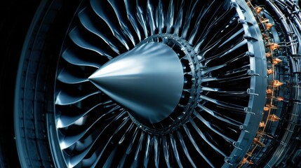 Close view of a jet engine turbine showcasing intricate details and engineering design