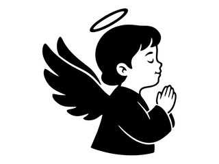 Vector isolated minimal black silhouette of a praying angel with a halo and wings in side profile.
