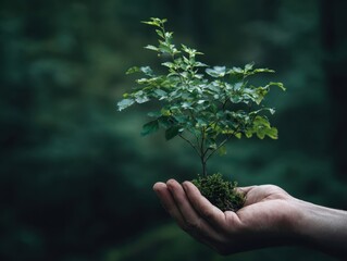 Young green sapling held delicately in hand against blurred natural background symbolizing growth new beginnings ecological care sustainability environmental protection agriculture and hope for future