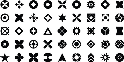 Geometric symbol and abstract shape icon pack in modern minimal black design, vector pattern, graphic, concept, template, illustration