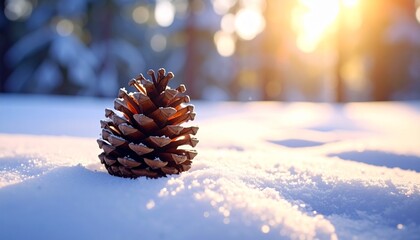 Close-up of pine cone resting on snowy surface with blurred winter forest background at sunrise