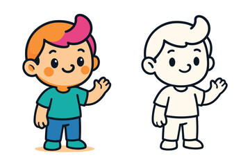 Cute cartoon boy waving hello in color and outline versions