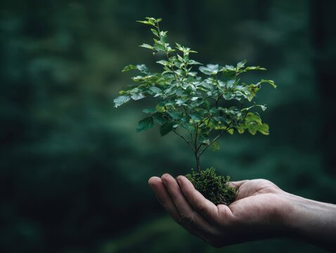 Young green sapling held delicately in hand against blurred natural background symbolizing growth new beginnings ecological care sustainability environmental protection agriculture and hope for future