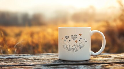 Personalized romantic mug with heart design on a wooden table in a sunny field at sunset