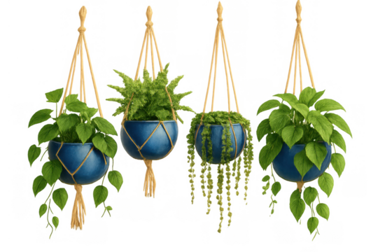 Hanging macrame planters with vibrant green houseplants, adding natural decor and bohemian style to interior spaces