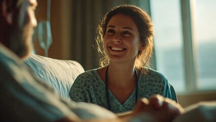 In a serene hospital room, a kind nurse shares a tender moment of empathy and reassurance with a patient, her genuine smile and gentle touch conveying warmth and compassion.