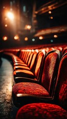 The velvet seats in the theater create a sense of anticipation and drama, inviting the audience to immerse themselves in the experience. The lighting casts a warm glow.