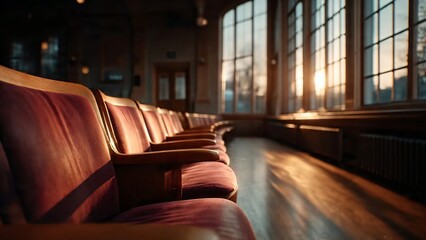 Rows of elegant, vintage theater seats face a grand window, where the sun casts its golden rays. The interior embodies a sense of nostalgia, comfort, and anticipation.