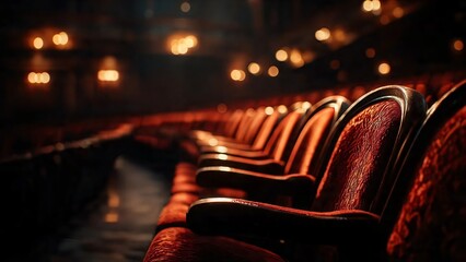 Empty theater seats create a sense of anticipation and drama, inviting you to imagine the stories that are about to unfold. The scene glows warmly, a welcoming space.