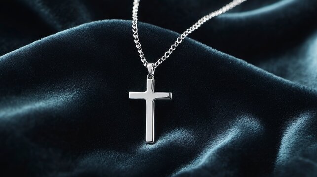 Simple silver cross necklace resting on soft velvet cloth in a warm light setting