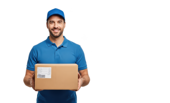 A man in a blue polo shirt holding a cardboard box with a barcode, against transparent background - Powered by Adobe