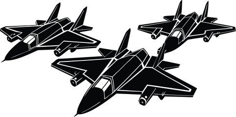 Black airplanes top view. Military jet fighter silhouette icons Strategic Military Power Modern Fighter Jet Soaring in Black Illustration