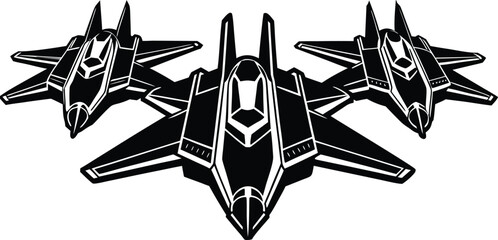 Black airplanes top view. Military jet fighter silhouette icons Strategic Military Power Modern Fighter Jet Soaring in Black Illustration