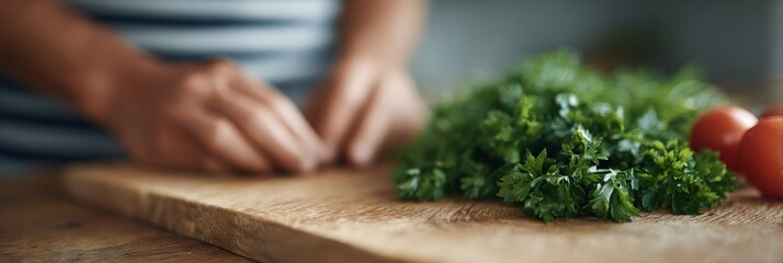 Person is cutting up some green herbs on a wooden cutting board
