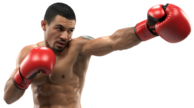 Determined boxer throwing a powerful punch with intense focus and athletic prowess ready for competition and training - Powered by Adobe