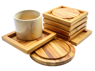 Wooden cup holder set with coasters isolated on transparent background