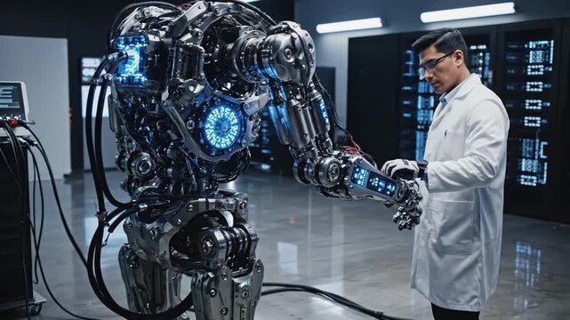 scientist calibrating android amidst diagnostic tools and luminous core, clean laboratory environment featuring technologist adjusting humanoid machine under blue illumination and equipment