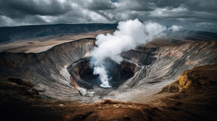 Spectacular view of an active volcano emitting steam and smoke in a dramatic landscape during the daytime