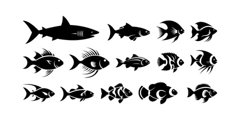 Collection of Marine and Freshwater Aquatic Animal Icon Silhouettes Isolated on Transparent Background.