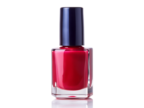 Red nail polish bottle with dark blue cap isolated on transparent background