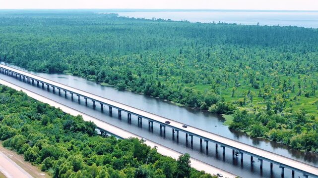 Aerial landscape of Bayou Swamp wetlands summer nature scene sunny day in rural Louisiana LA